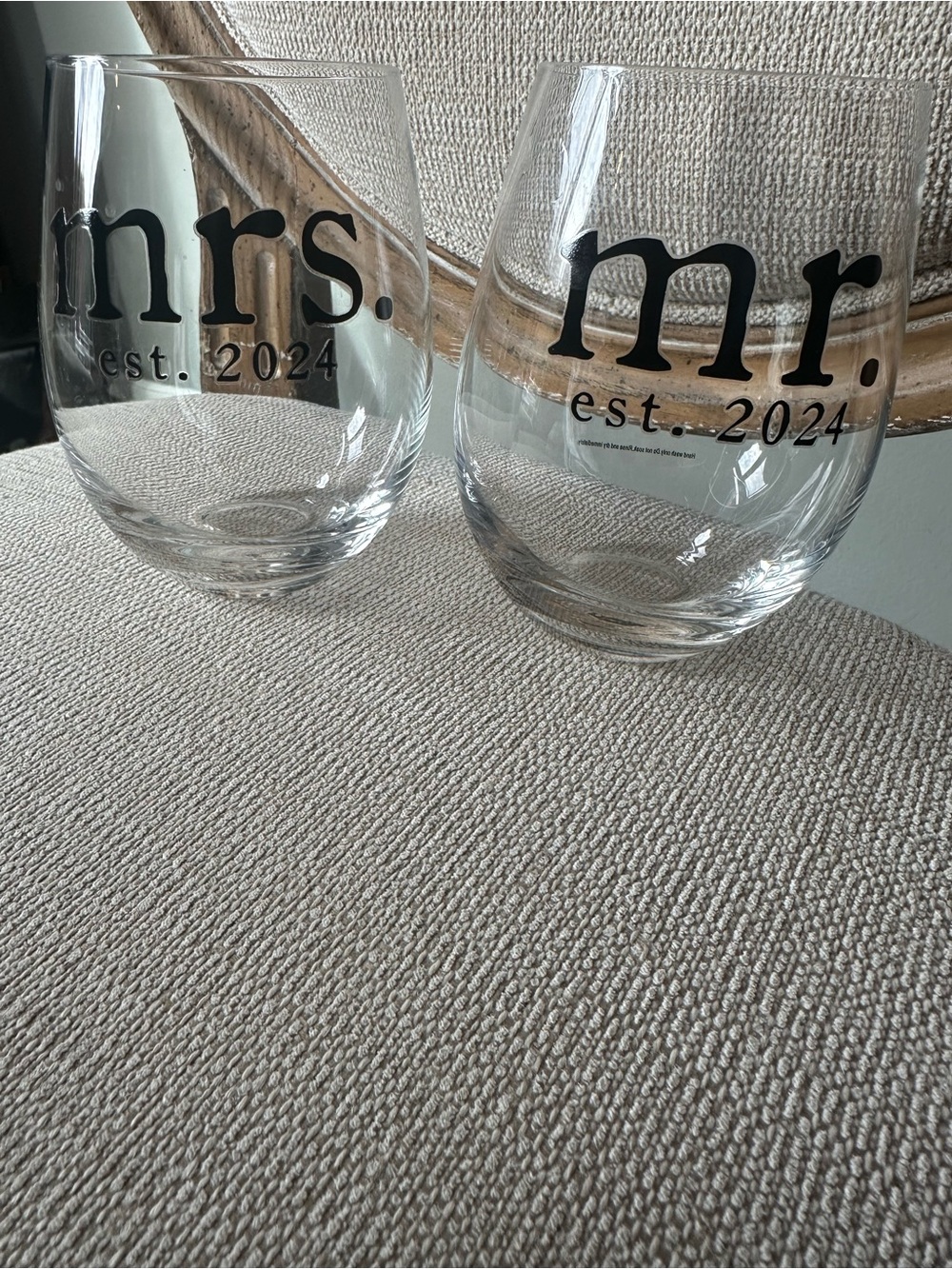 Mr. & Mrs. Stemless Wine Glasses - Clear with Black Lettering